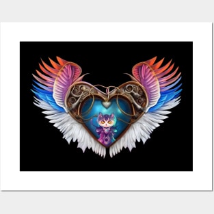 The elegant heart with wings and kitten Posters and Art